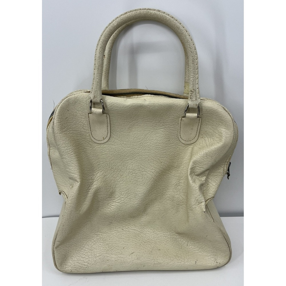 Vintage Sears Vinyl Tote Bag Carry On Luggage 1950s Ivory 2 Handle